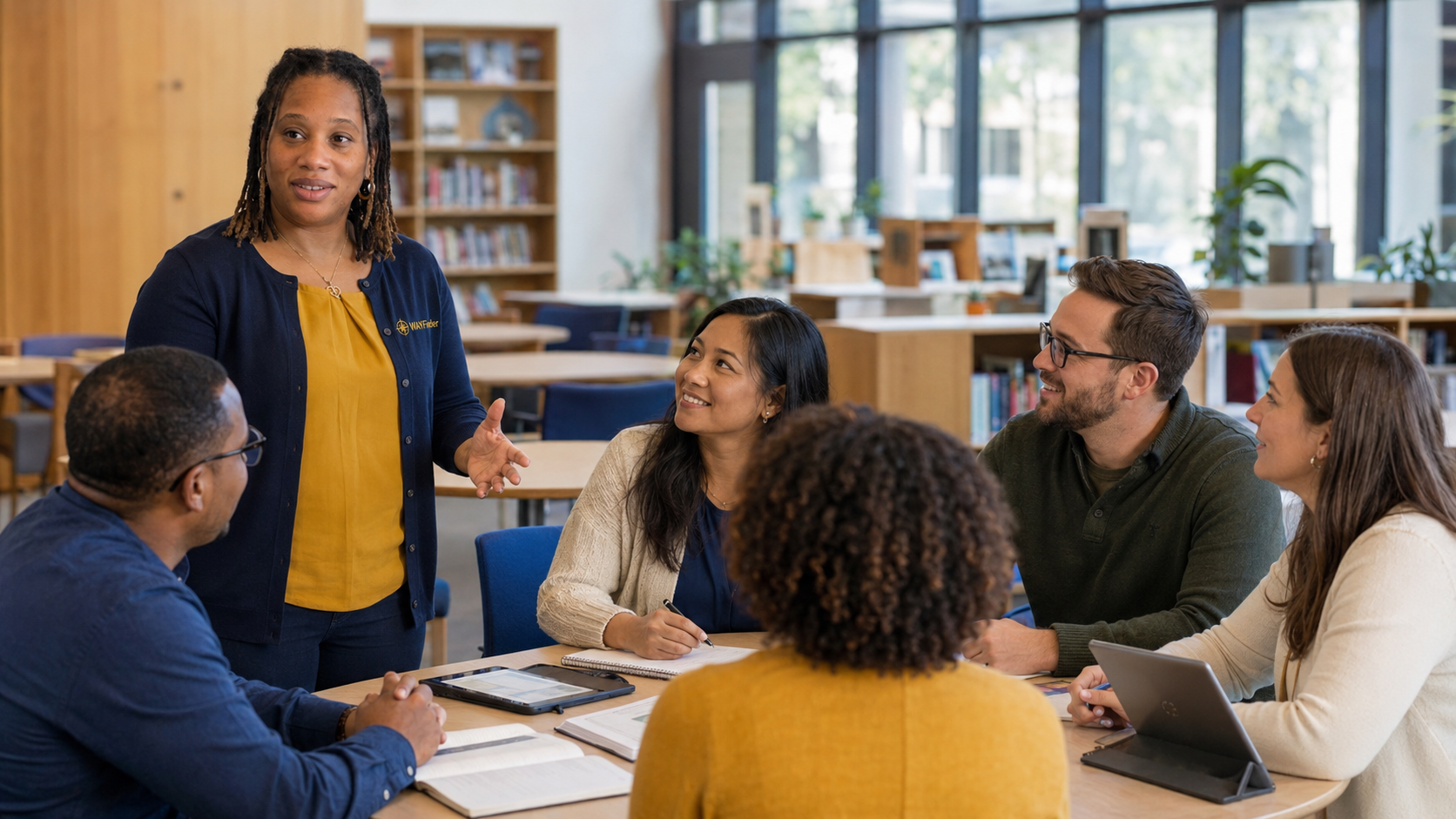 Nichole Braxton facilitates a small group of educators planning together around a library table.
