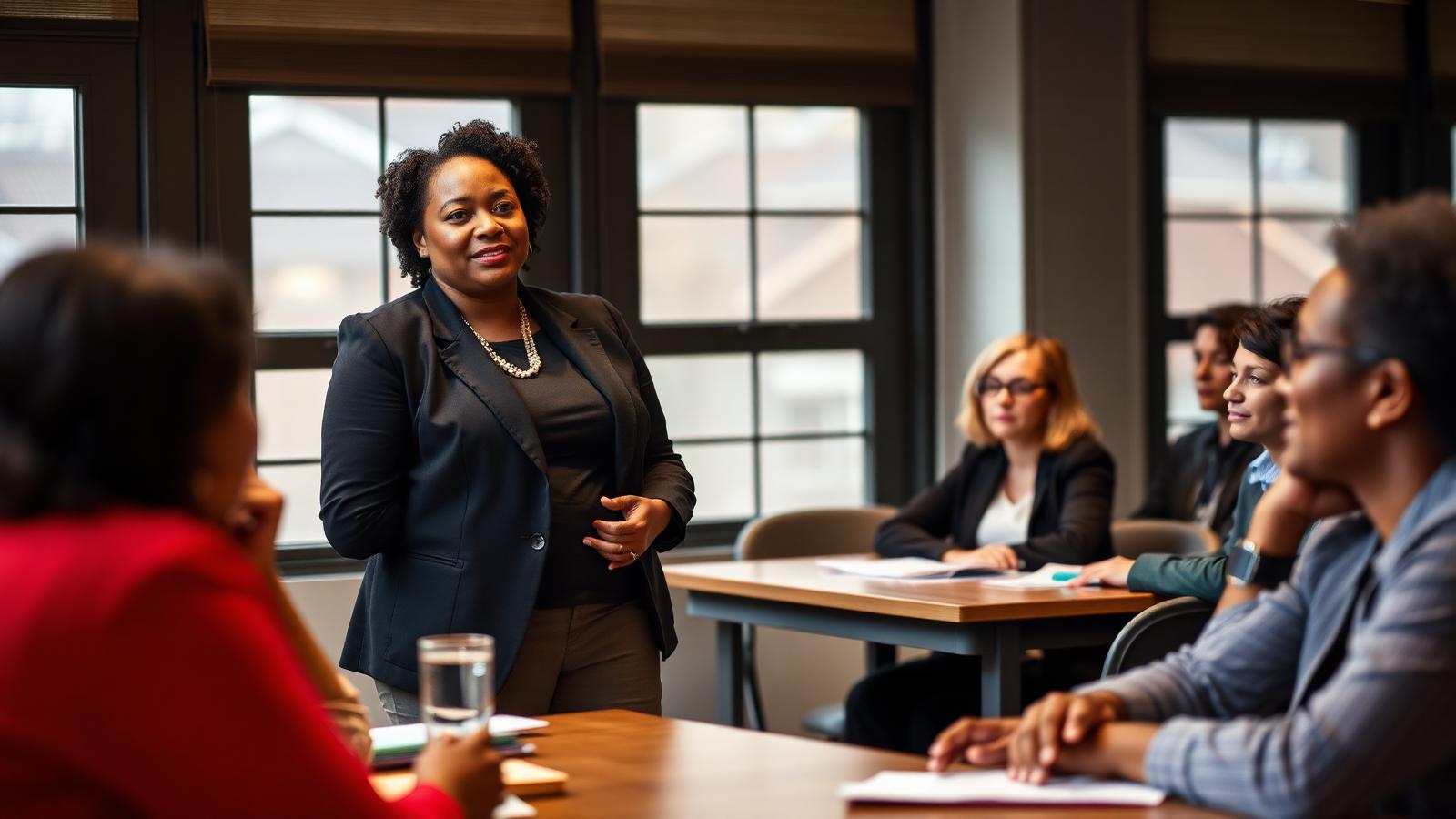 A facilitator leads a professional-learning session for educators seated around tables in a school meeting room.
