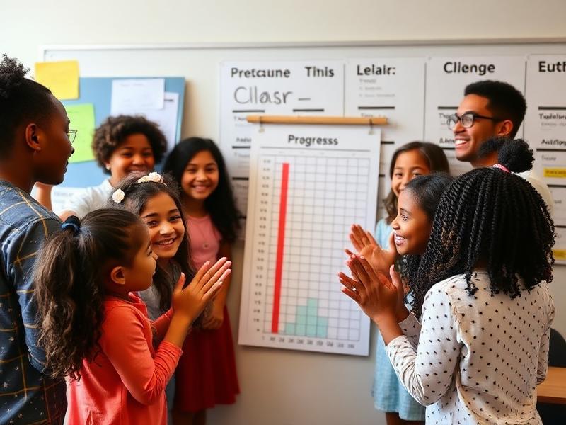 A teacher and students celebrate progress in front of a growth tracking chart.