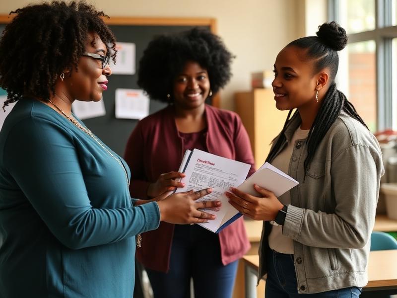 An instructional coach shares a printed systems binder with two colleagues in a school workroom.