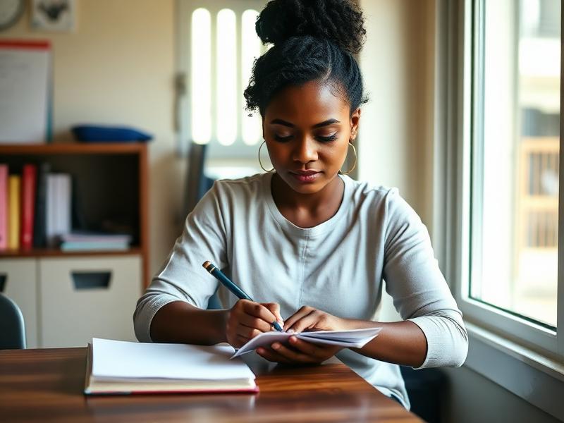 An educator writes goals for the year in a notebook beside a sunlit classroom window.
