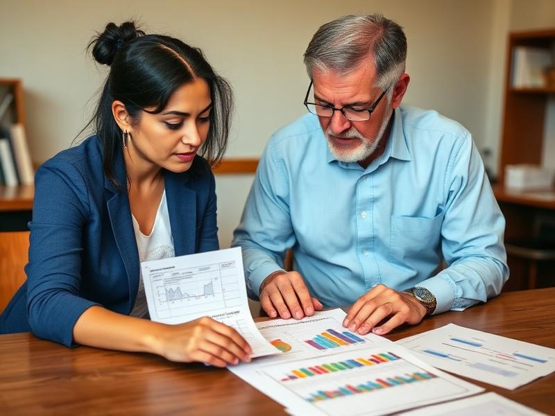 Two educators review student work samples and a simple performance chart together at a table.