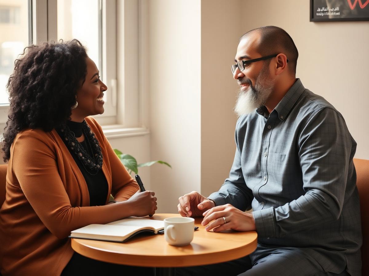 A coach and an educator talk across a small table with an open notebook during a private coaching conversation.