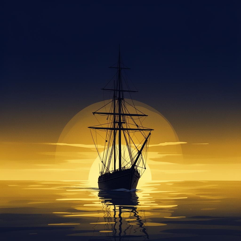 Tall ship sailing into a golden sunset